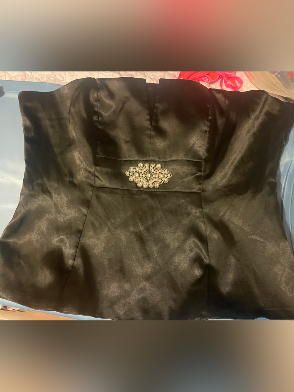 VENUS Black Strapless Satin Dress with Rhinestone Waist Accent